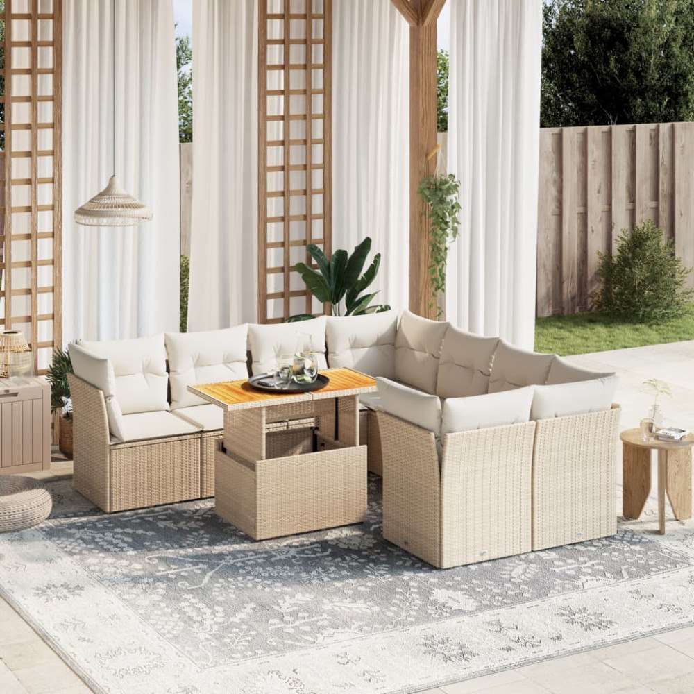 vidaXL Soffgrupp för trädgården med dynor 9 delar beige konstrotting