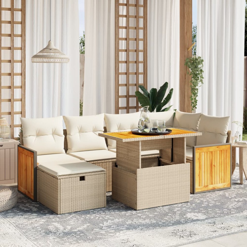 vidaXL Matgrupp för trädgården med dynor 7 delar beige konstrotting