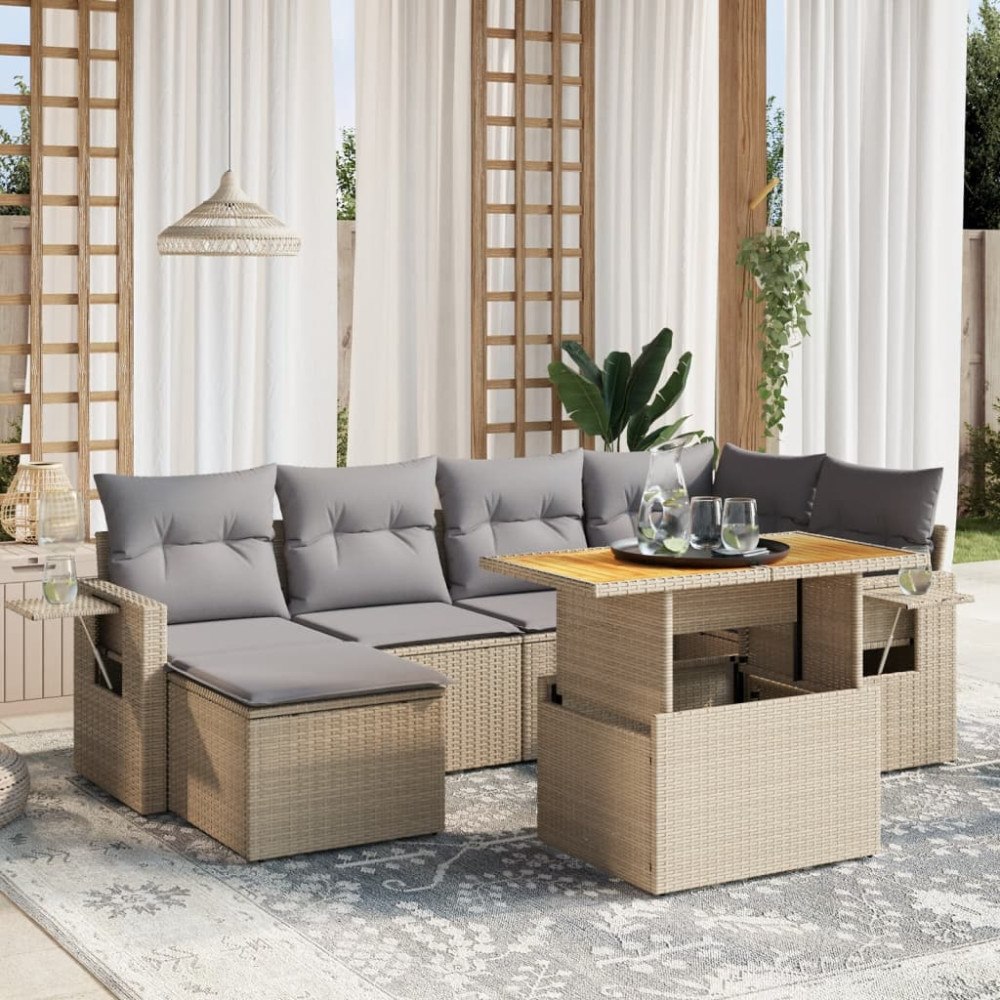 vidaXL Matgrupp för trädgården med dynor 7 delar beige konstrotting