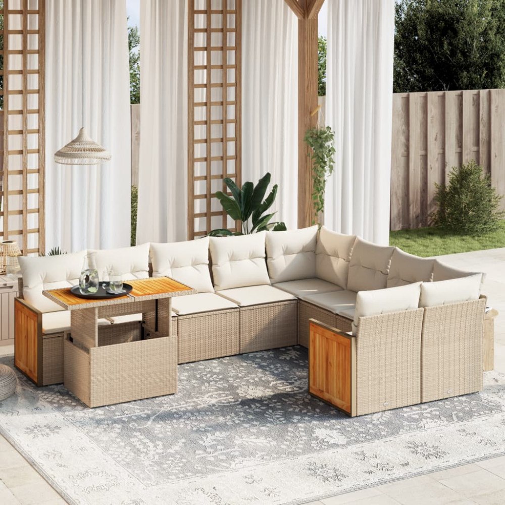 vidaXL Soffgrupp för trädgård med dynor 10 delar beige konstrotting