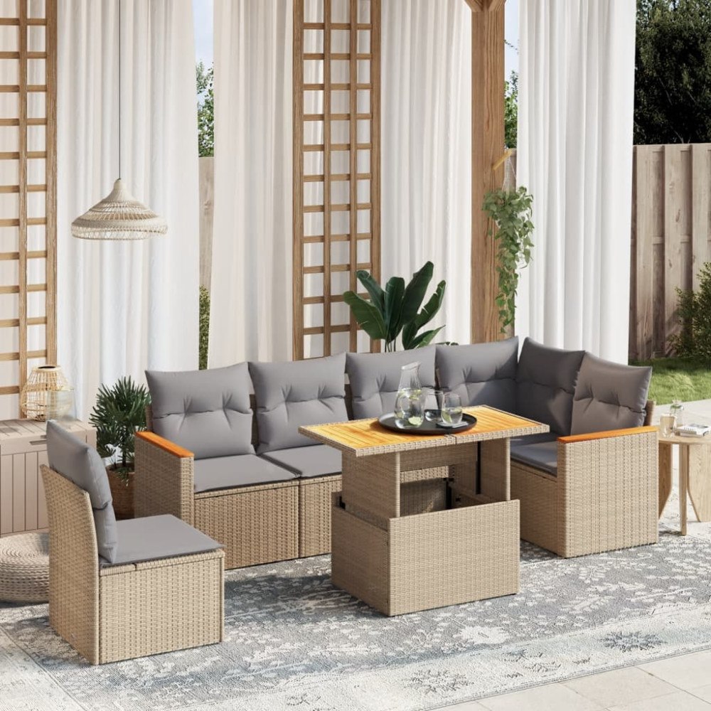 vidaXL Matgrupp för trädgården med dynor 7 delar beige konstrotting