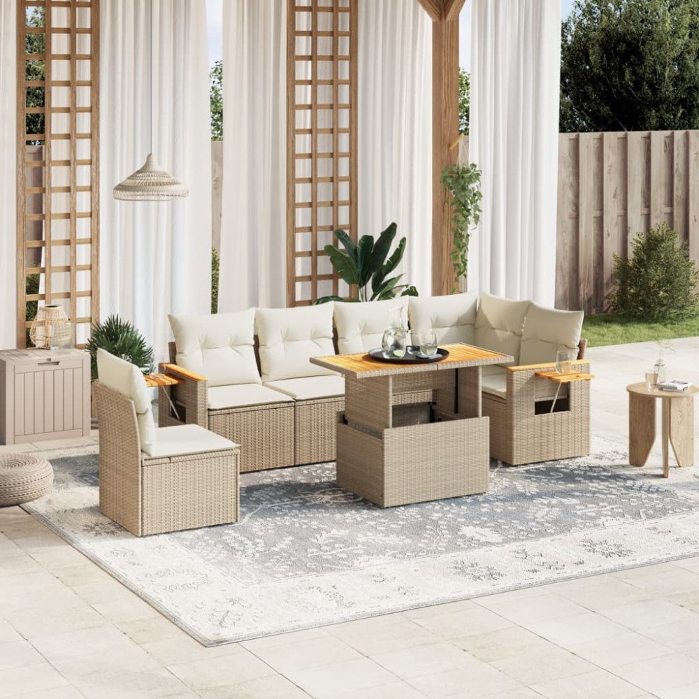 vidaXL Matgrupp för trädgården med dynor 7 delar beige konstrotting