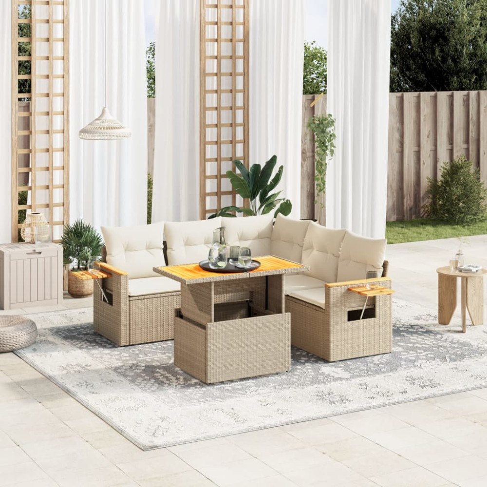vidaXL Soffgrupp för trädgården med dynor 6 delar beige konstrotting