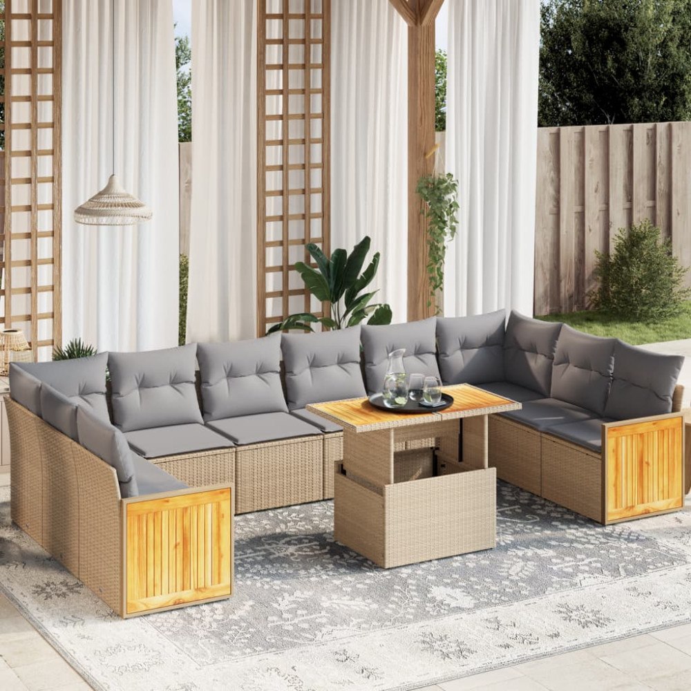 vidaXL Loungegrupp för trädgården m. dynor 11 delar beige konstrotting