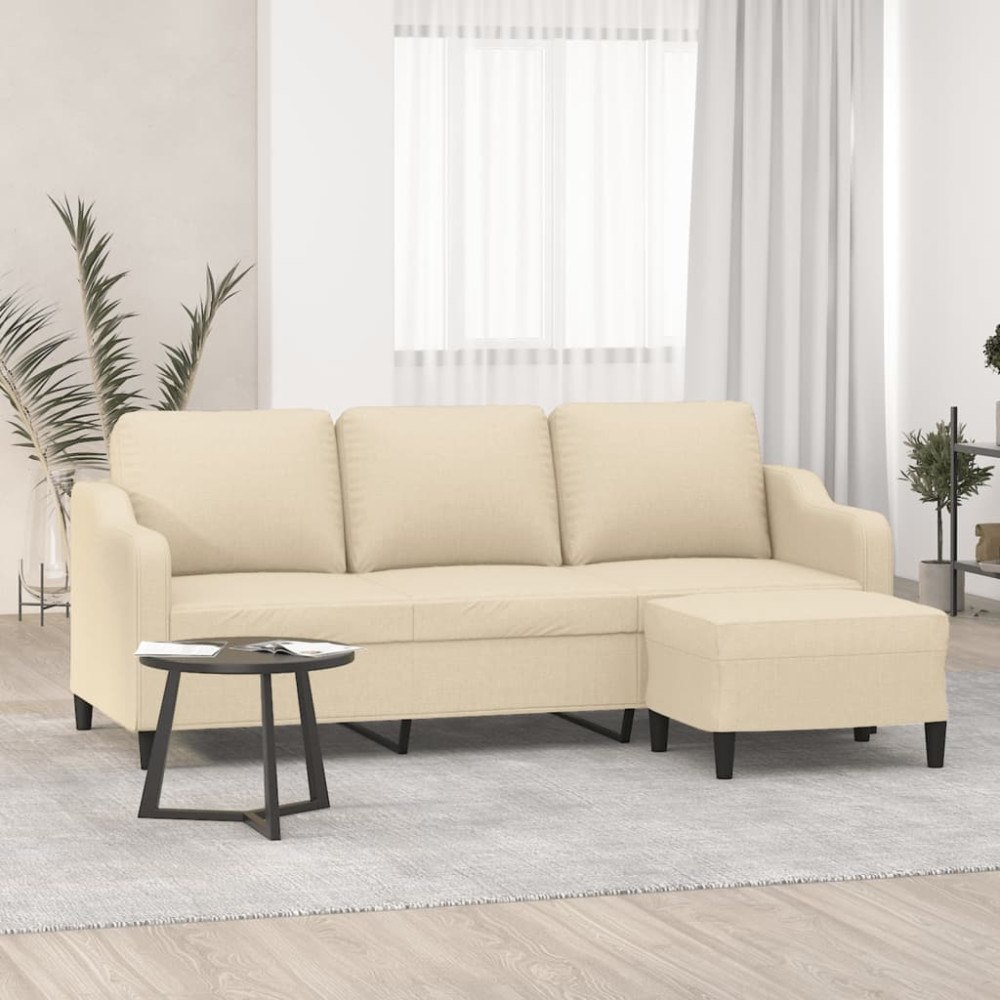 vidaXL 3-sitssoffa med fotpall Gräddvit 180 cm tyg