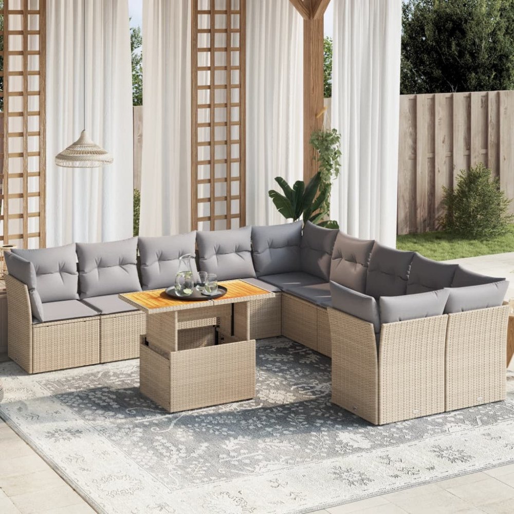 vidaXL Loungegrupp för trädgården m. dynor 11 delar beige konstrotting