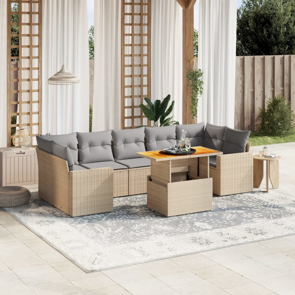 vidaXL Matgrupp för trädgården med dynor 8 delar beige konstrotting