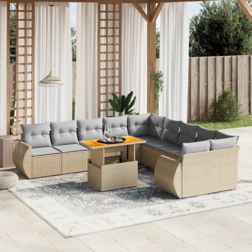 vidaXL Loungegrupp för trädgården m. dynor 11 delar beige konstrotting