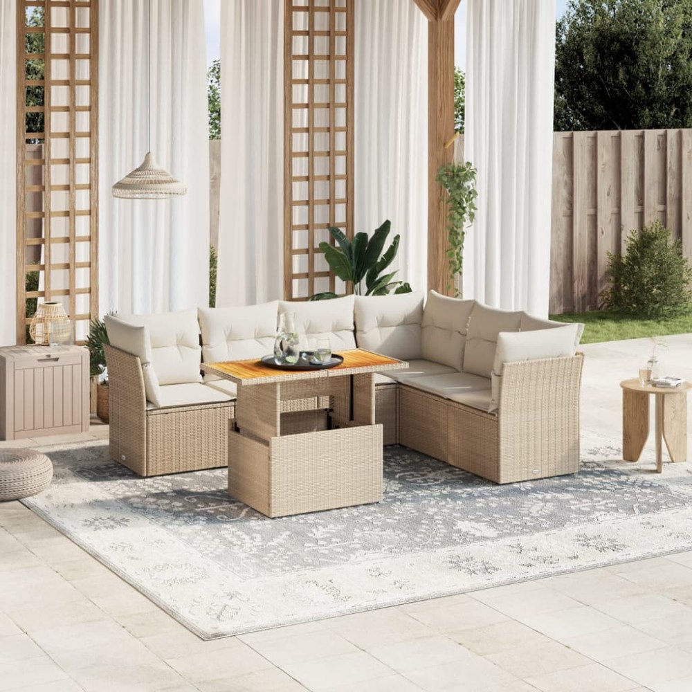 vidaXL Matgrupp för trädgården med dynor 7 delar beige konstrotting