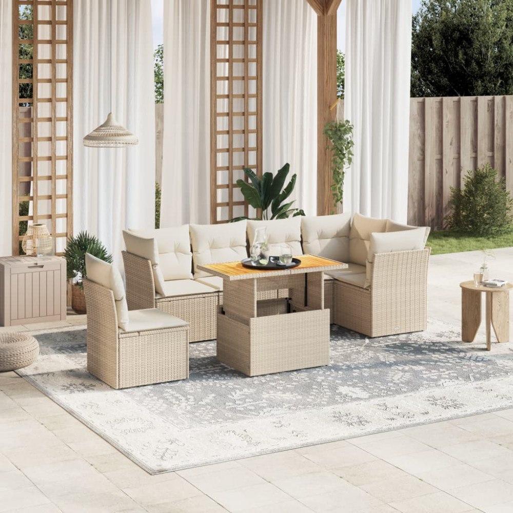vidaXL Matgrupp för trädgården med dynor 7 delar beige konstrotting