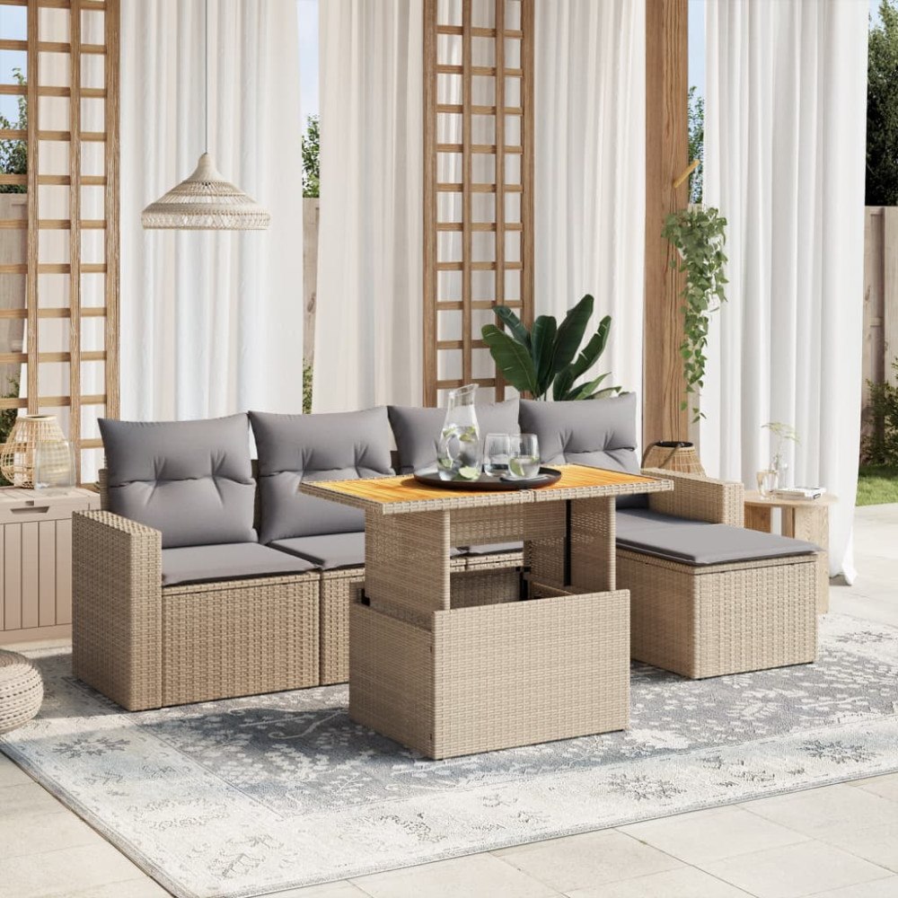 vidaXL Soffgrupp för trädgården med dynor 6 delar beige konstrotting
