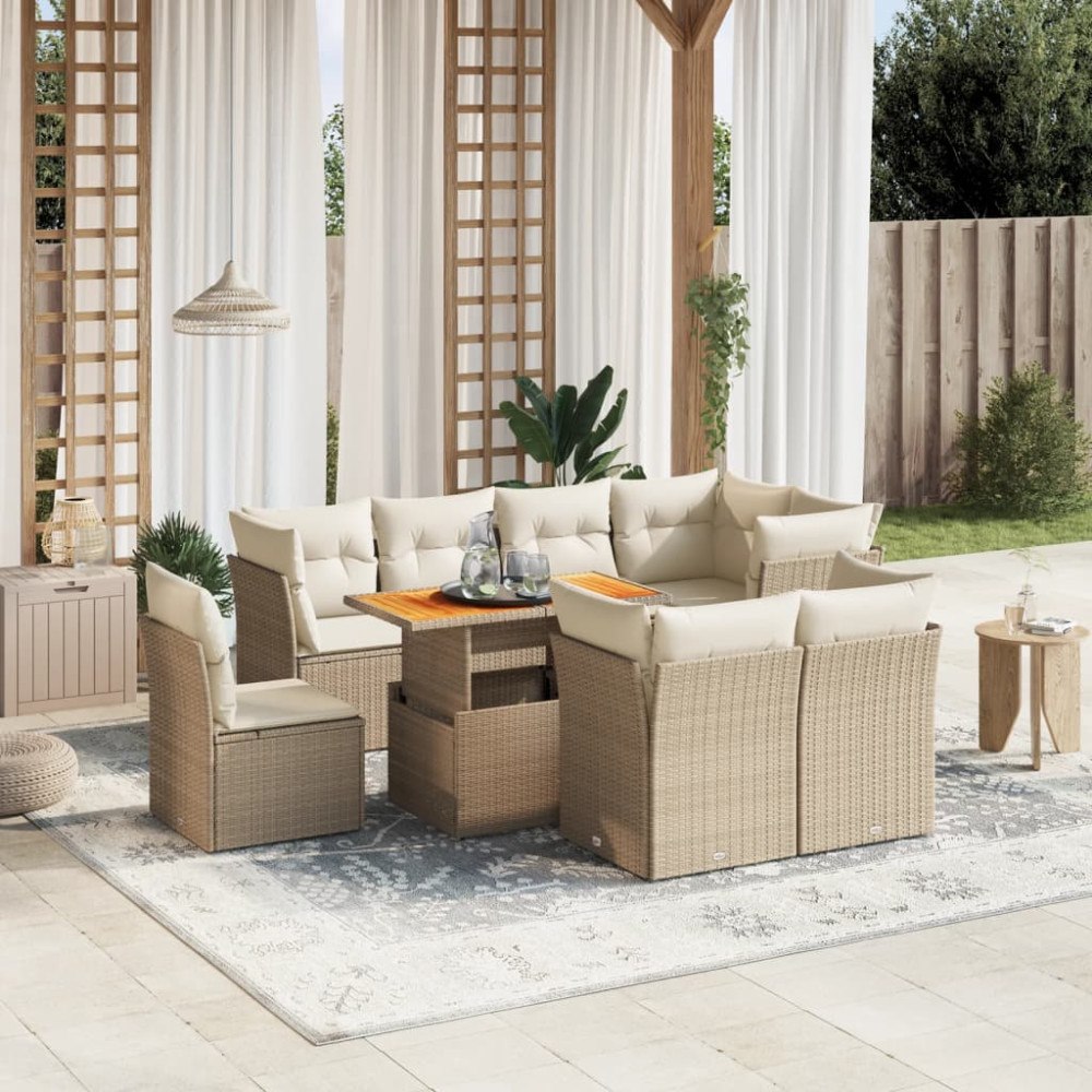 vidaXL Soffgrupp för trädgården med dynor 9 delar beige konstrotting