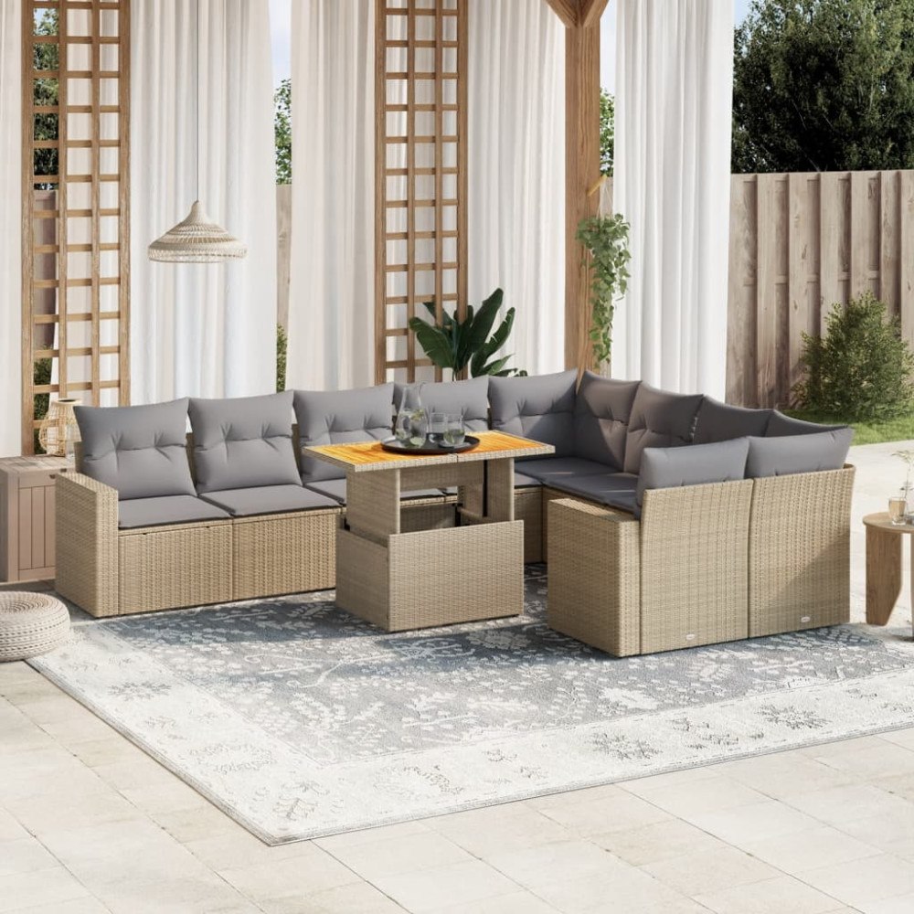 vidaXL Soffgrupp för trädgård med dynor 10 delar beige konstrotting