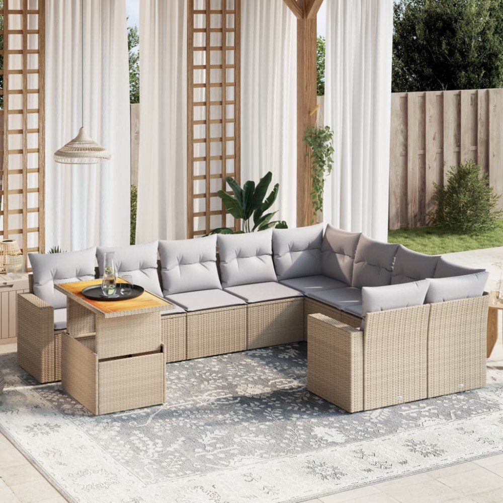 vidaXL Soffgrupp för trädgård med dynor 10 delar beige konstrotting