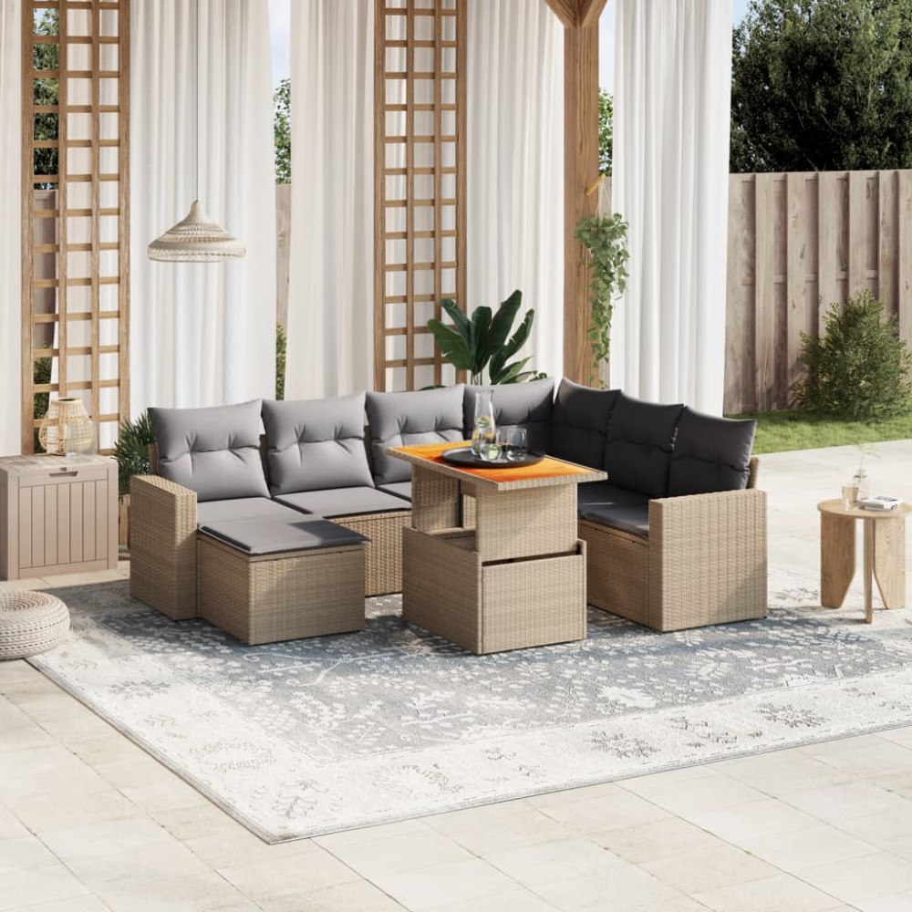 vidaXL Matgrupp för trädgården med dynor 8 delar beige konstrotting