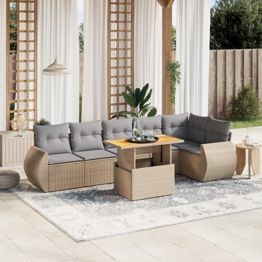 vidaXL Matgrupp för trädgården med dynor 7 delar beige konstrotting