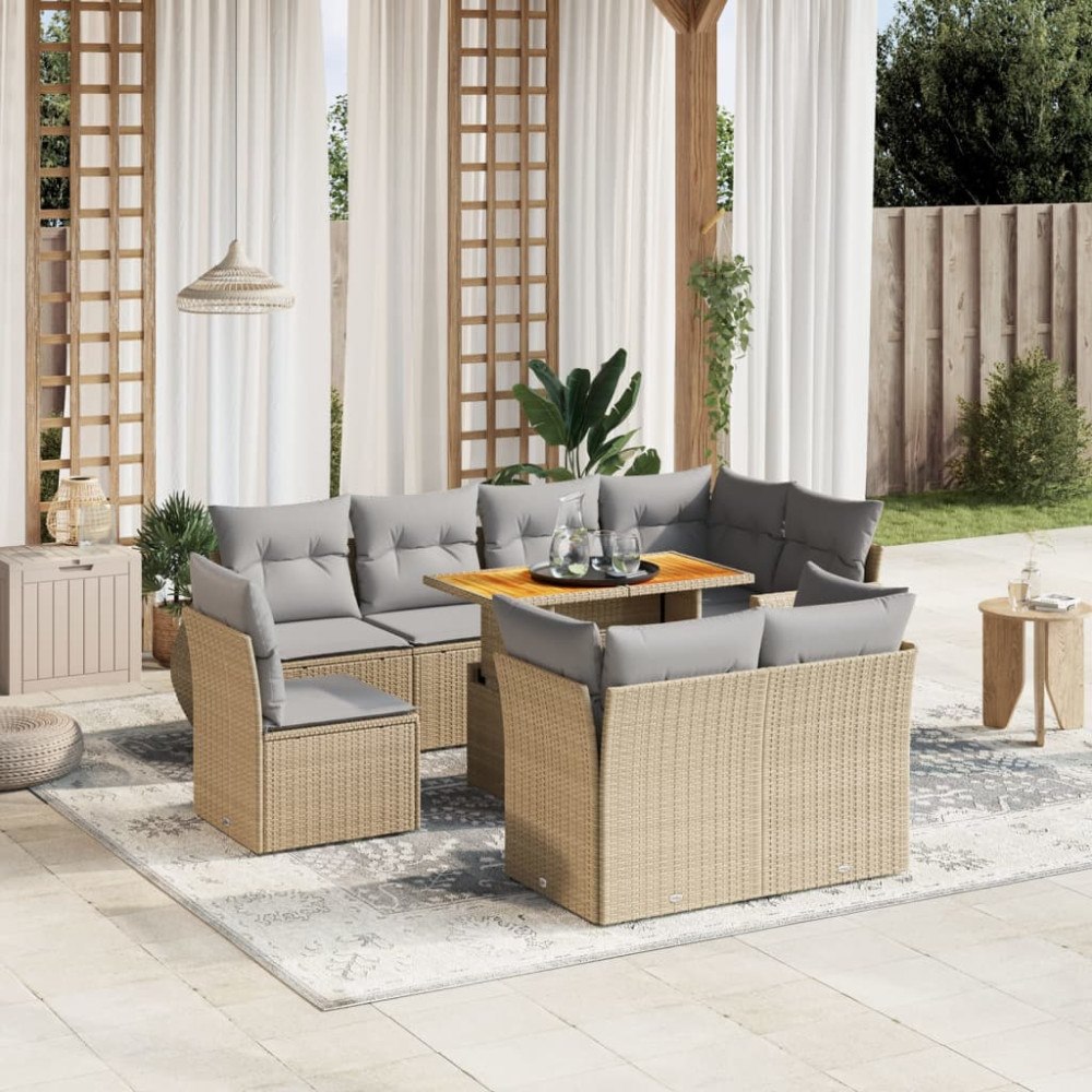 vidaXL Soffgrupp för trädgården med dynor 9 delar beige konstrotting