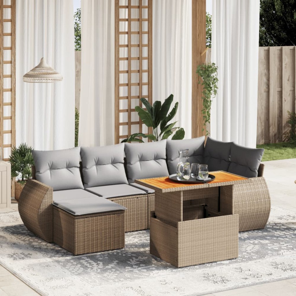vidaXL Matgrupp för trädgården med dynor 7 delar beige konstrotting