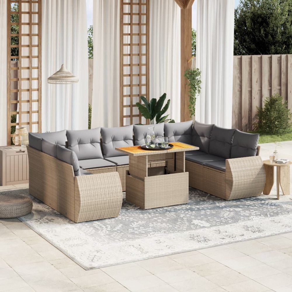 vidaXL Soffgrupp för trädgård med dynor 10 delar beige konstrotting