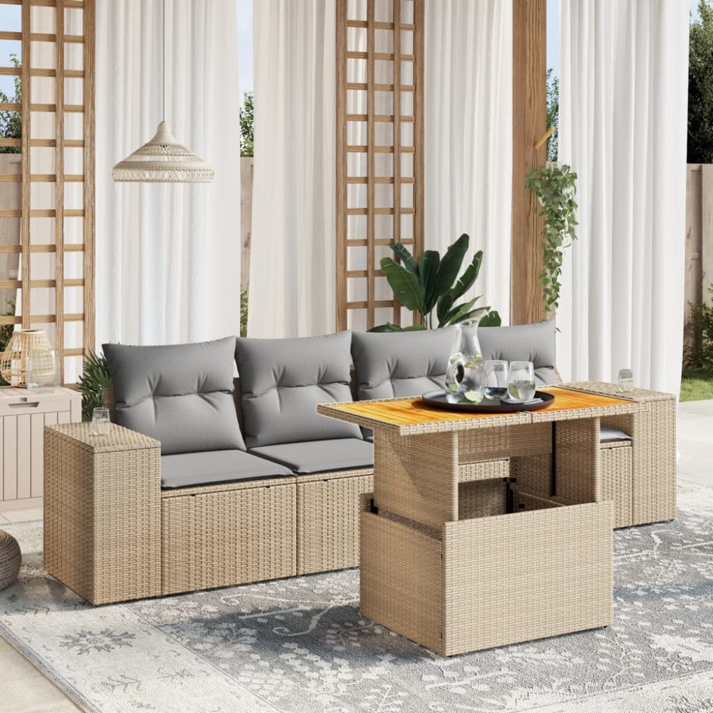 vidaXL Soffgrupp för trädgården med dynor 5 delar beige konstrotting