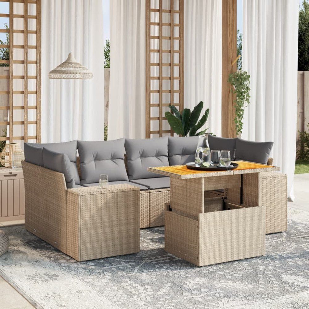 vidaXL Matgrupp för trädgården med dynor 7 delar beige konstrotting