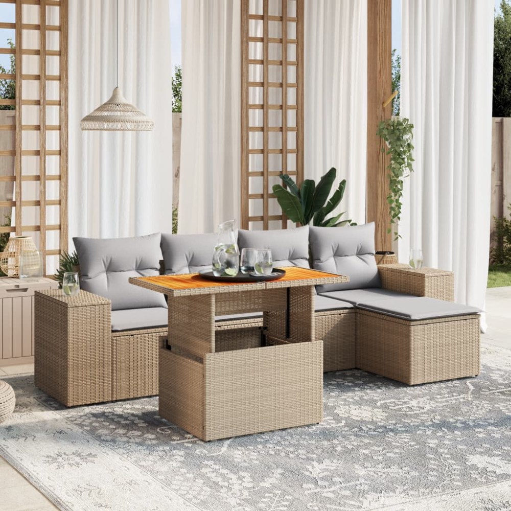 vidaXL Soffgrupp för trädgården med dynor 6 delar beige konstrotting