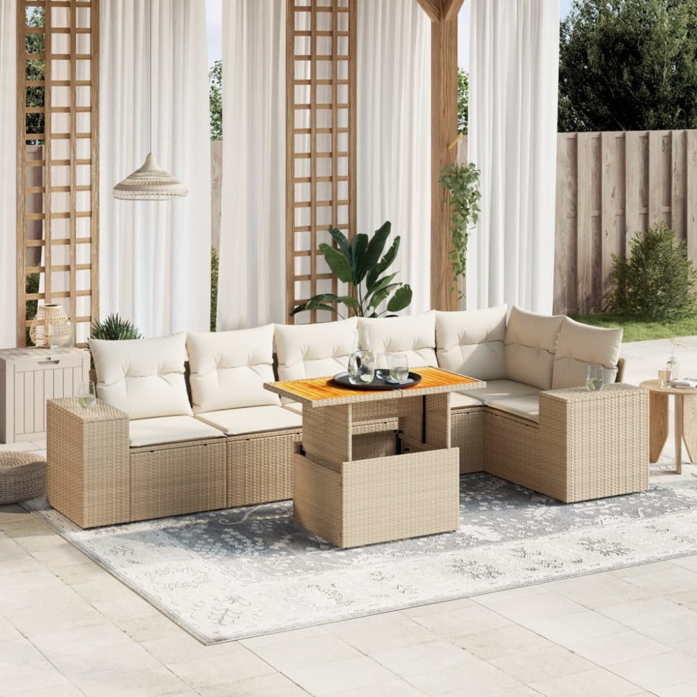 vidaXL Matgrupp för trädgården med dynor 7 delar beige konstrotting