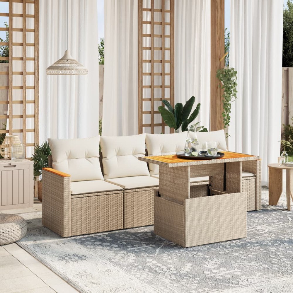 vidaXL Soffgrupp för trädgården med dynor 5 delar beige konstrotting