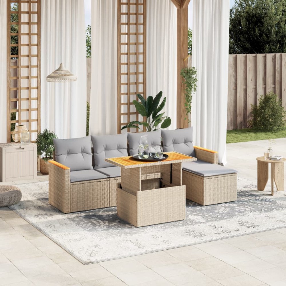 vidaXL Soffgrupp för trädgården med dynor 6 delar beige konstrotting