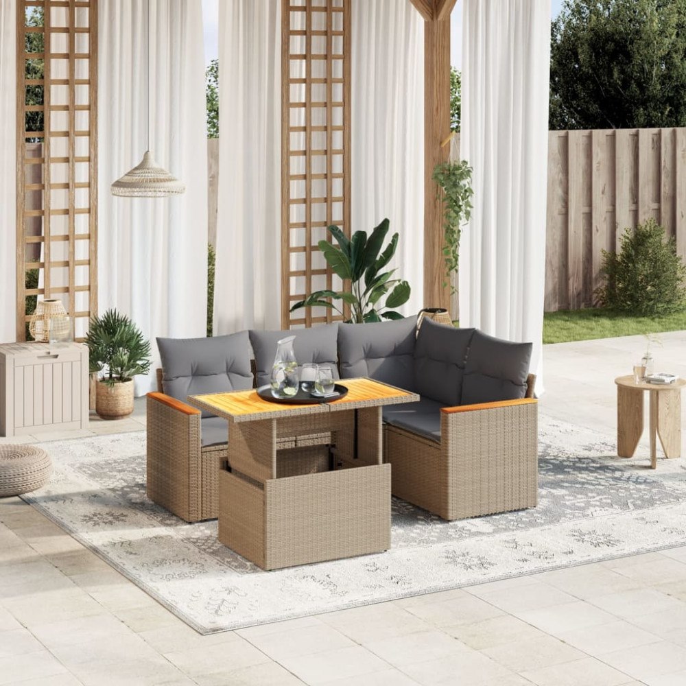 vidaXL Soffgrupp för trädgården med dynor 5 delar beige konstrotting