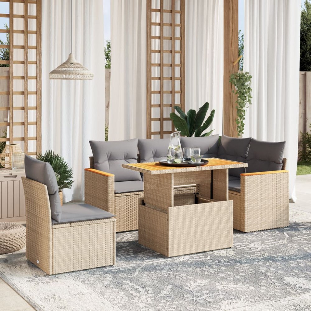 vidaXL Soffgrupp för trädgården med dynor 6 delar beige konstrotting