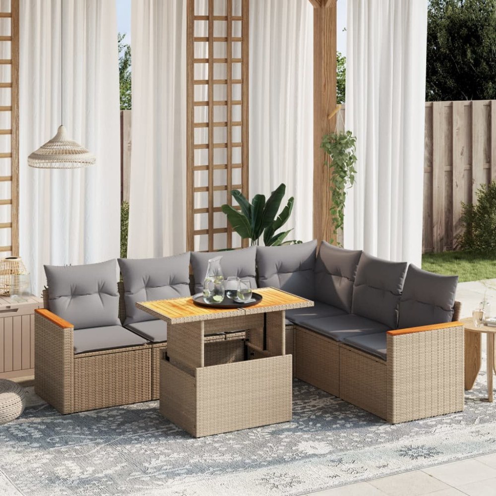 vidaXL Matgrupp för trädgården med dynor 7 delar beige konstrotting