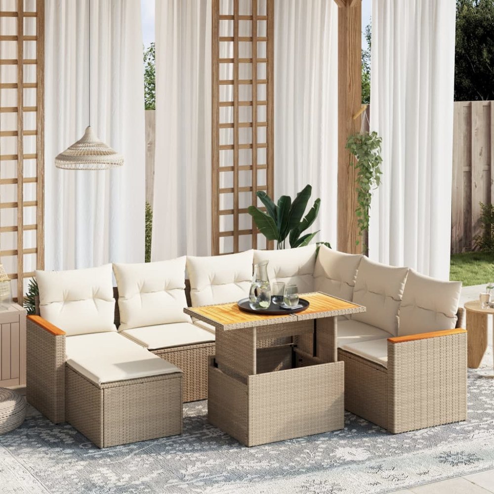 vidaXL Matgrupp för trädgården med dynor 8 delar beige konstrotting