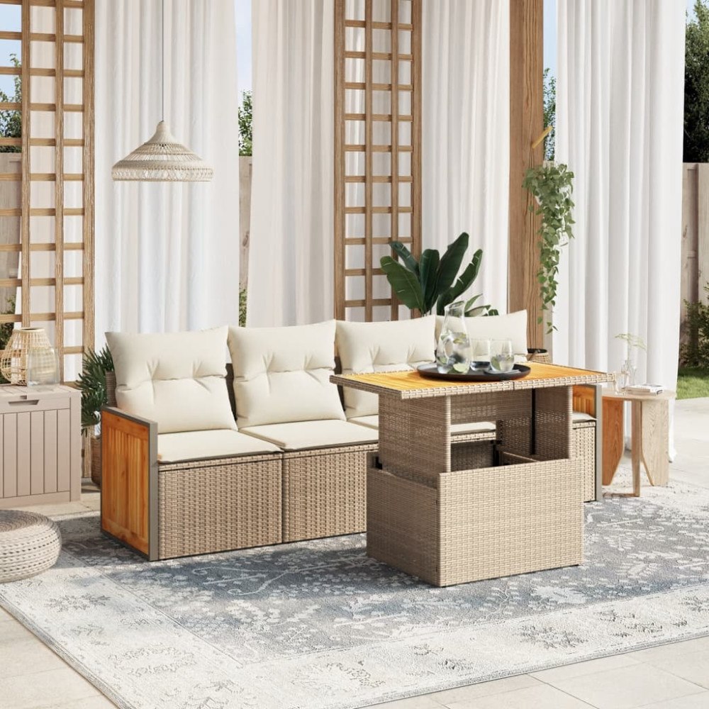 vidaXL Soffgrupp för trädgården med dynor 5 delar beige konstrotting