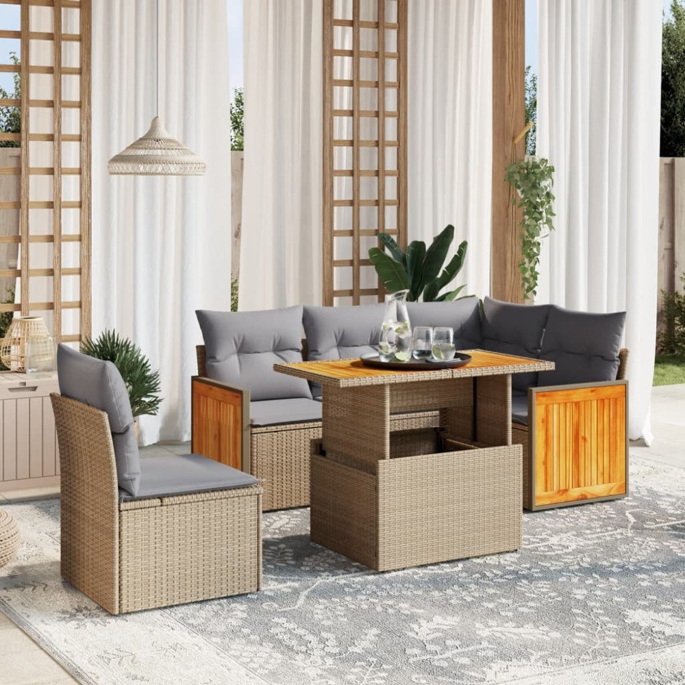 vidaXL Soffgrupp för trädgården med dynor 6 delar beige konstrotting