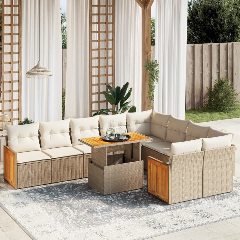 vidaXL Soffgrupp för trädgård med dynor 10 delar beige konstrotting