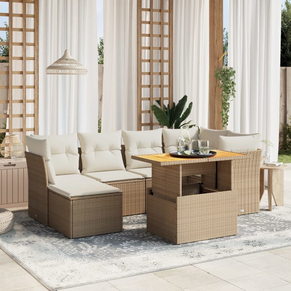 vidaXL Matgrupp för trädgården med dynor 7 delar beige konstrotting