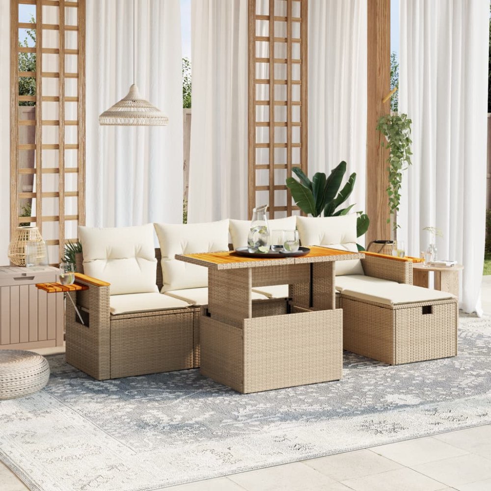 vidaXL Soffgrupp för trädgården med dynor 6 delar beige konstrotting