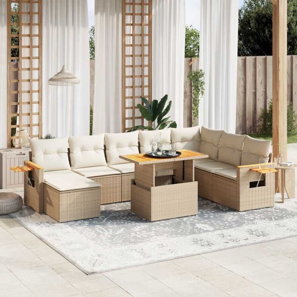 vidaXL Soffgrupp för trädgården med dynor 9 delar beige konstrotting