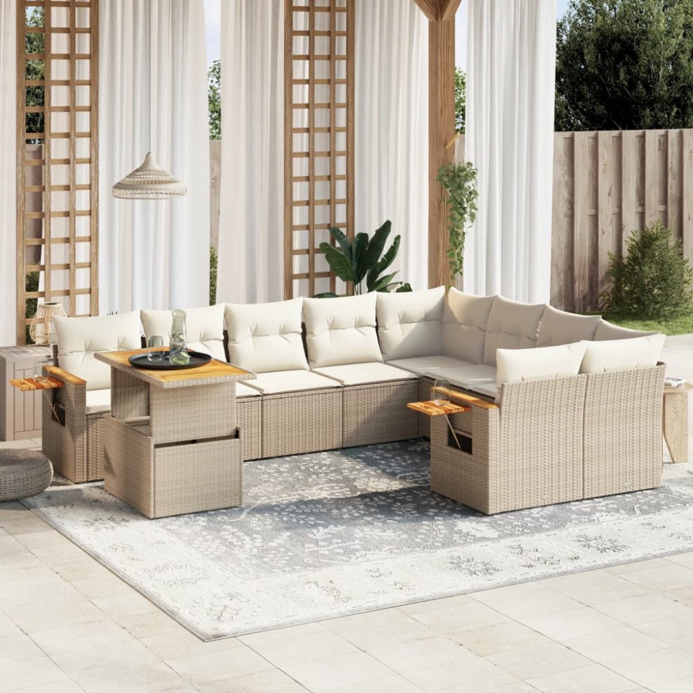vidaXL Soffgrupp för trädgård med dynor 10 delar beige konstrotting