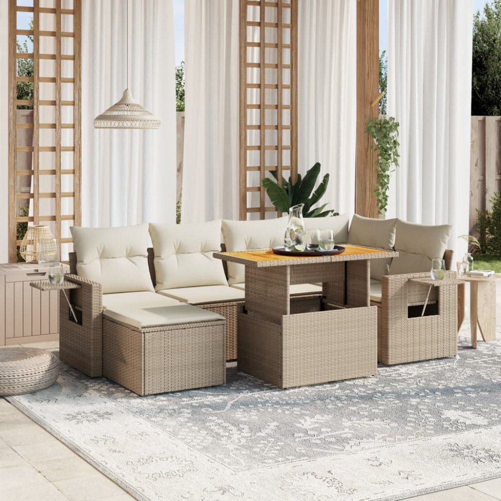 vidaXL Matgrupp för trädgården med dynor 7 delar beige konstrotting