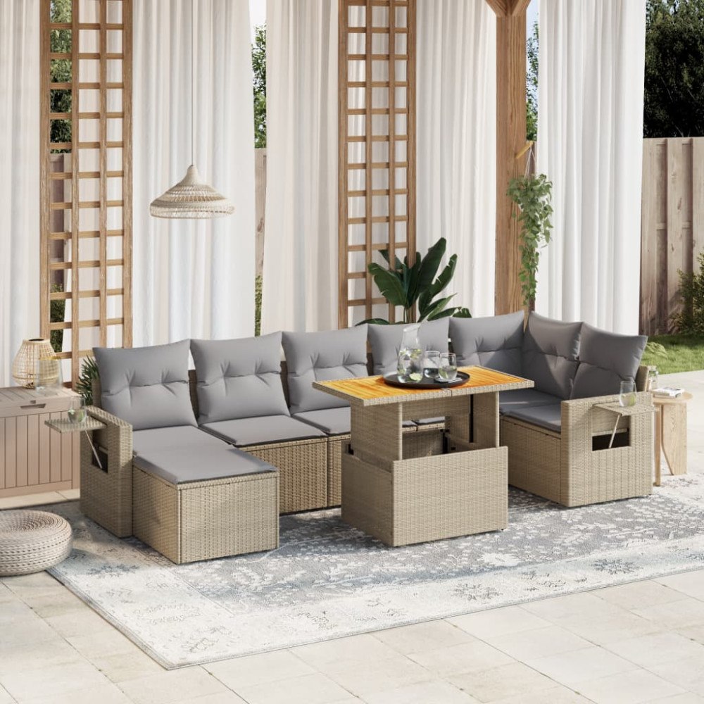 vidaXL Matgrupp för trädgården med dynor 8 delar beige konstrotting
