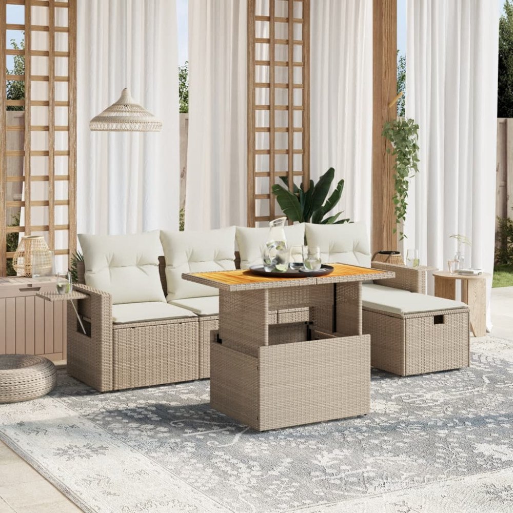 vidaXL Soffgrupp för trädgården med dynor 6 delar beige konstrotting