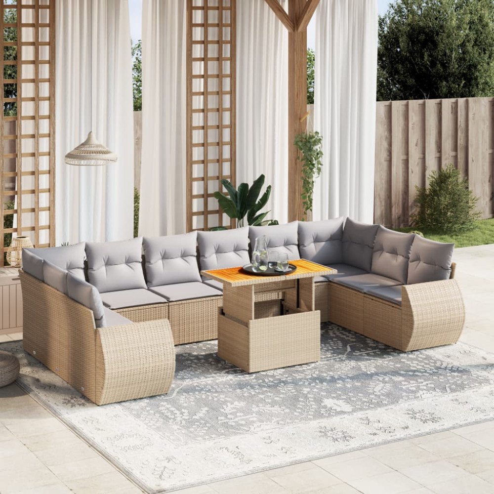 vidaXL Loungegrupp för trädgården m. dynor 11 delar beige konstrotting