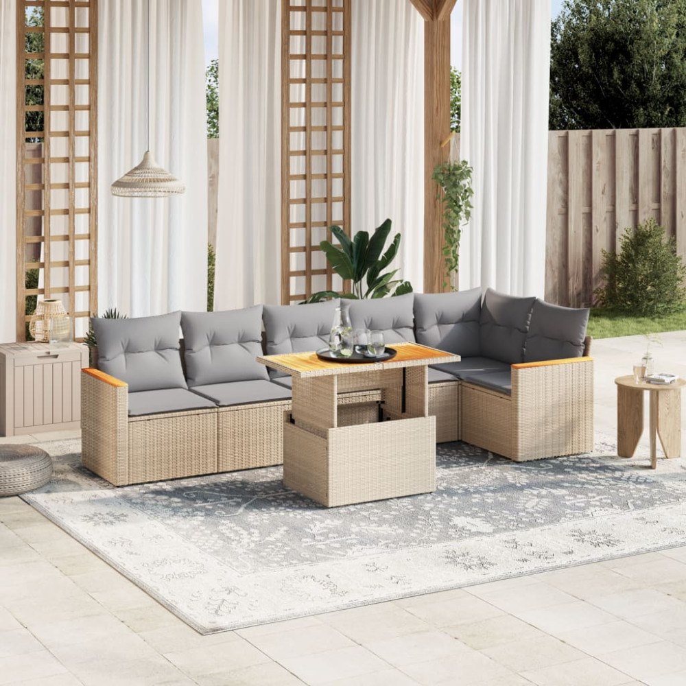vidaXL Matgrupp för trädgården med dynor 7 delar beige konstrotting