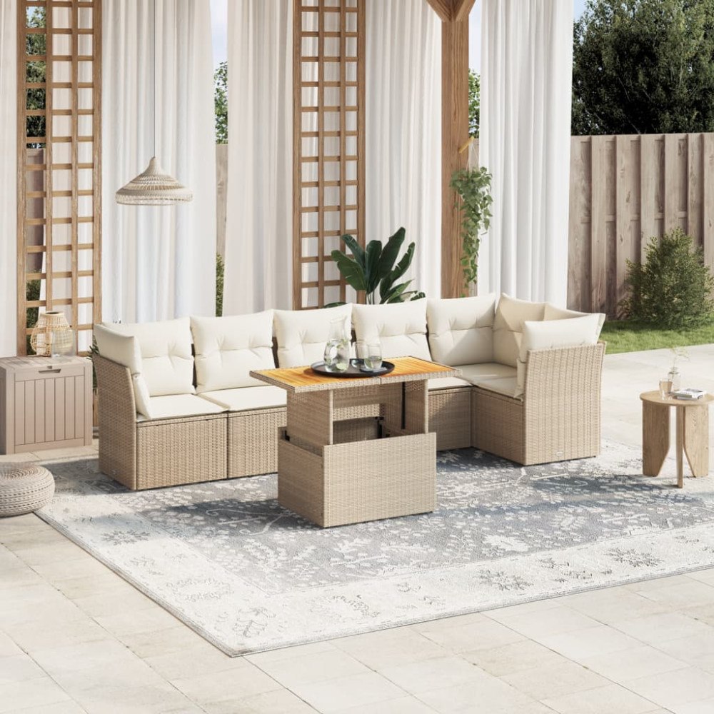 vidaXL Matgrupp för trädgården med dynor 7 delar beige konstrotting