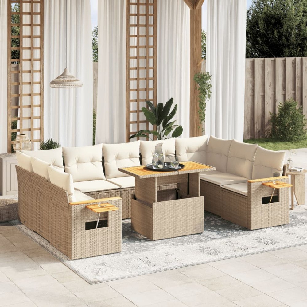 vidaXL Soffgrupp för trädgård med dynor 10 delar beige konstrotting