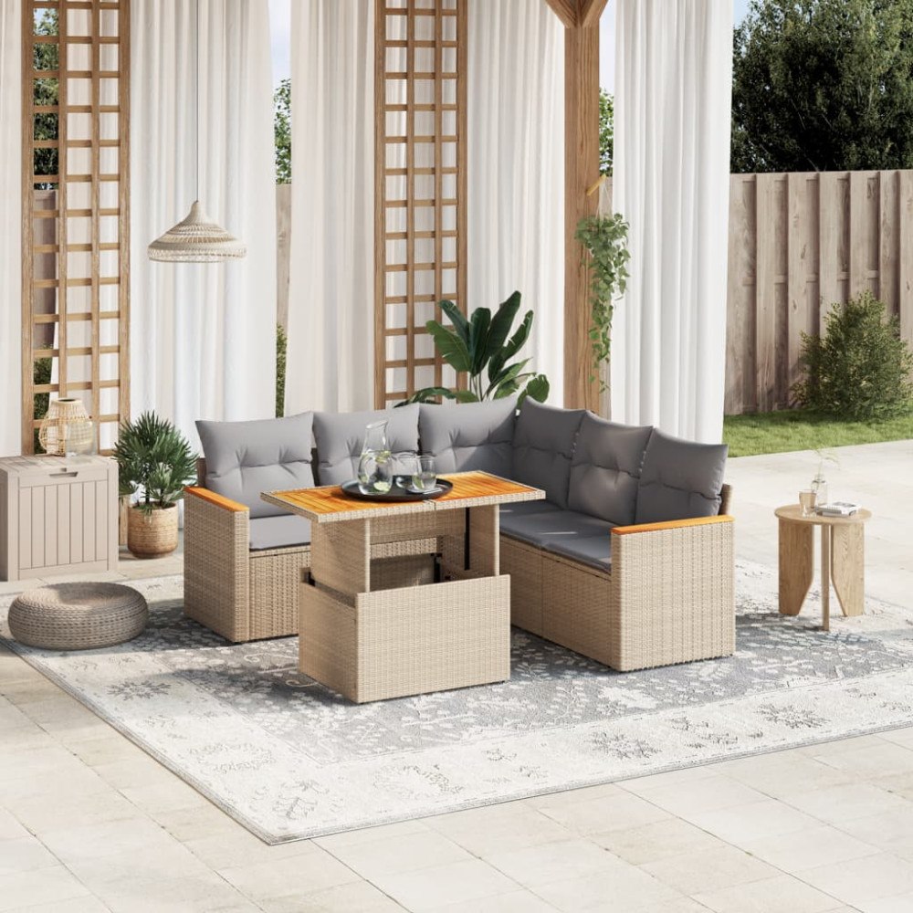 vidaXL Soffgrupp för trädgården med dynor 6 delar beige konstrotting