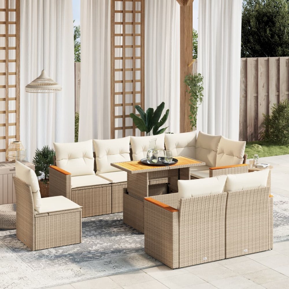 vidaXL Soffgrupp för trädgården med dynor 9 delar beige konstrotting