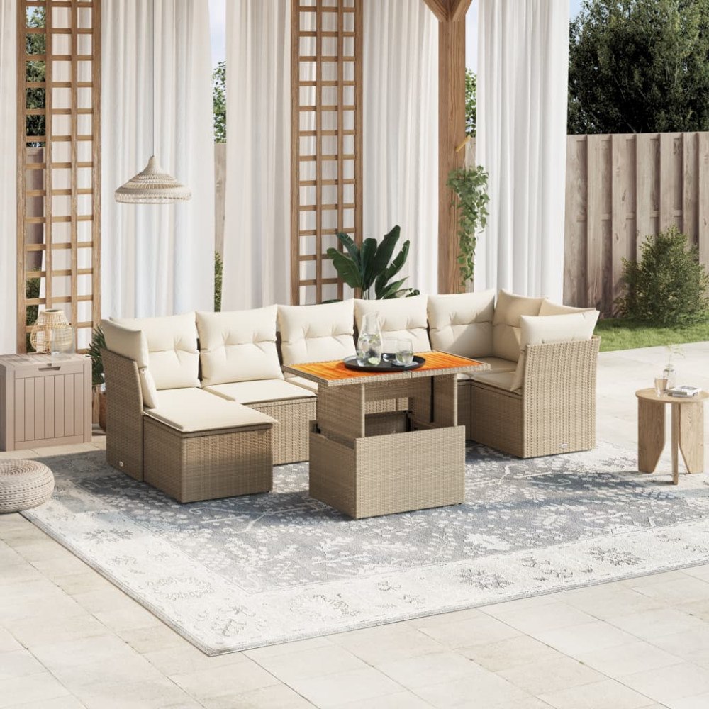 vidaXL Matgrupp för trädgården med dynor 8 delar beige konstrotting